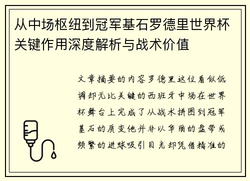 从中场枢纽到冠军基石罗德里世界杯关键作用深度解析与战术价值
