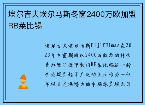 埃尔吉夫埃尔马斯冬窗2400万欧加盟RB莱比锡