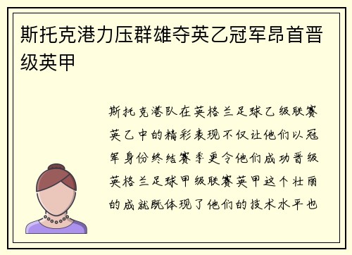 斯托克港力压群雄夺英乙冠军昂首晋级英甲